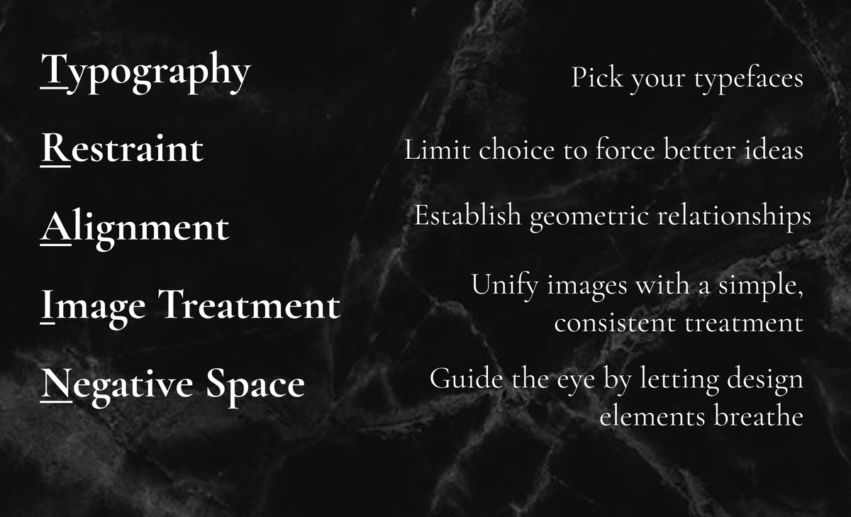 4/ A visual content system has 5 key elements: TRAIN1. Typography - Pick your typeface2. Restraint - Limit choice3. Alignment - Establish element relationships4. Image Treatment - Give images a consistent look5. Negative Space - Let elements breathe