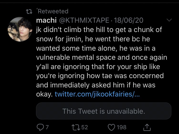 the fact that they retweeted this tweet bothers me because it talks about not making jk’s vulnerable moment about a ship but then they end it off by making it about a ship??