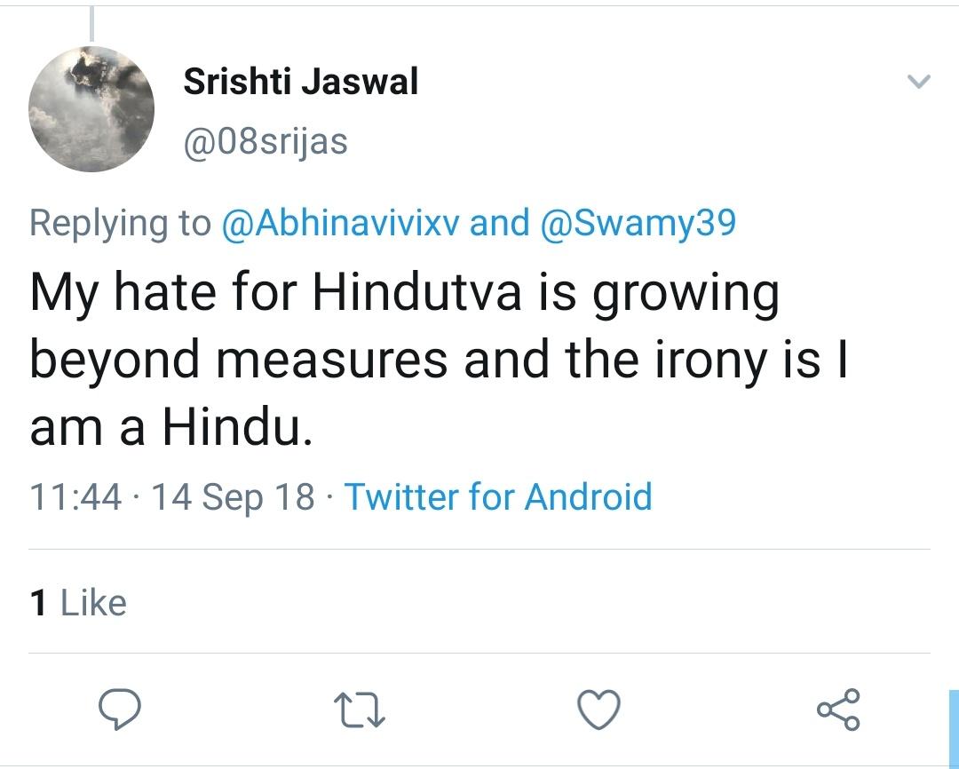 @htTweets @HindustanTimes @HTPunjab please reply regarding @08srijas 
Q1- She hasn't apologized for her Tweet in the statement. Do you support her
Q2- If she is right then why did she block me
Q3- She has a long history of hate speech towards #Hindus Do you still support her