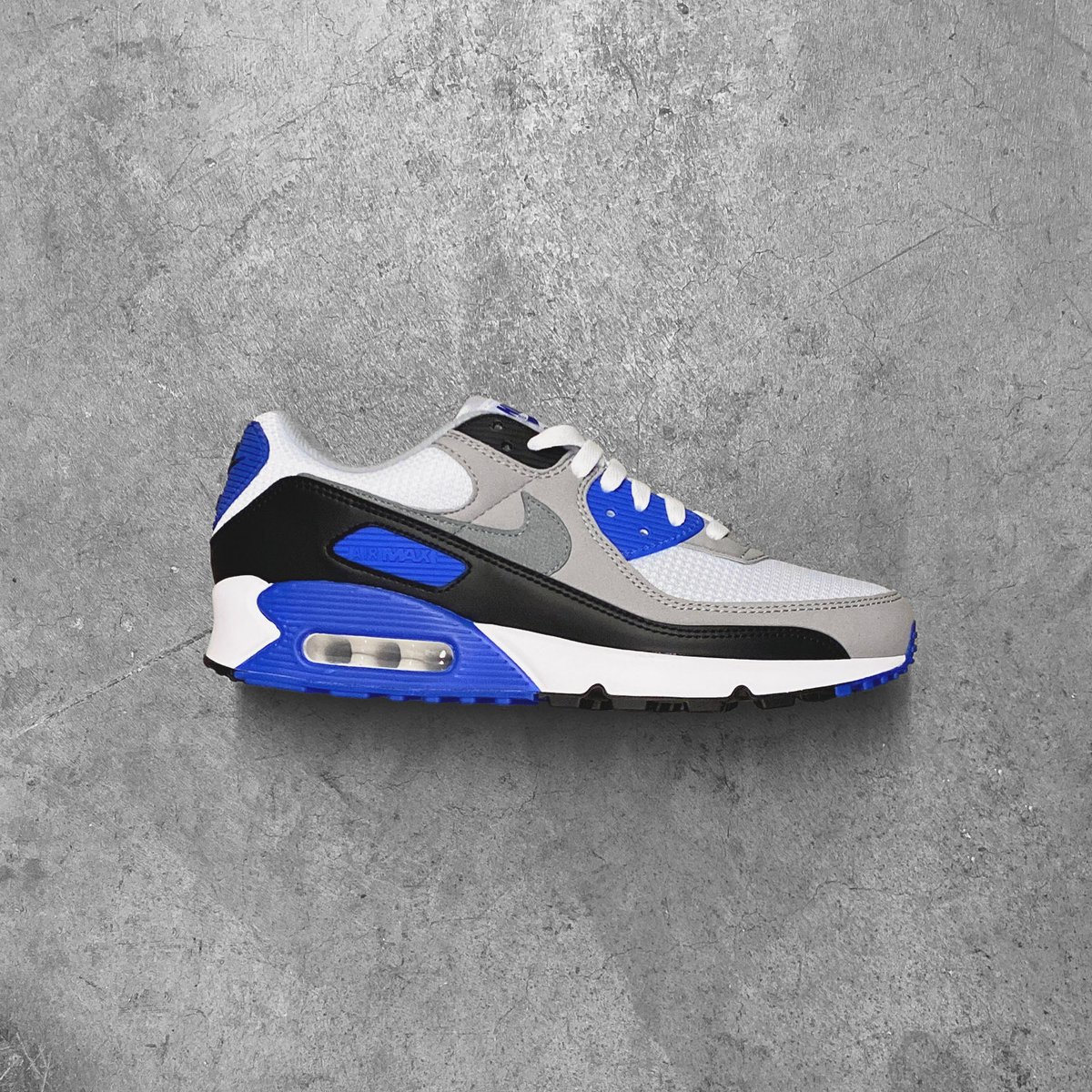 Nike Air Max 90 || In White/Particle Grey-Hyper Royal. Available now in-store at our Las Vegas Location. #CRSVR #Nike #AirMax