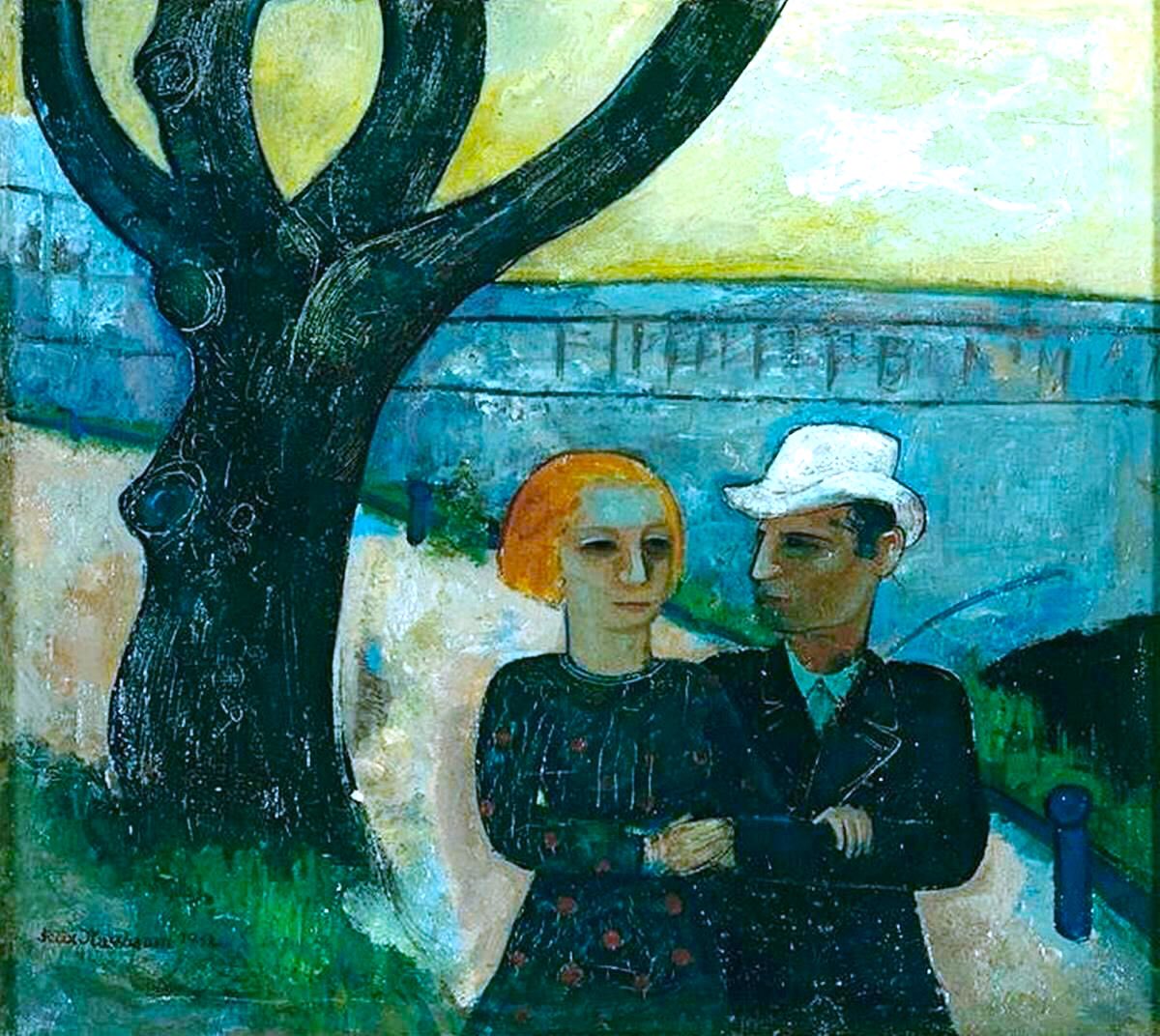 In the Great Place he shows artists arriving with their canvases for a Berlin gallery as a funeral march is played behind them. Der Tolle Platz (1931), Couple (the artist & his wife), 1932. The latter is a homage to Van Gogh & to love.