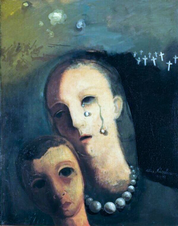 His painting, the Pearls, is ominous in showing a grieving woman, melancholy child & graveyard (how should we read Christian crosses?). The Pearls (Mourners) 1938, Don Quixote & the Windmills (1938), the Great Disaster (c1939) & Self-Portrait with Surrealist Background (1939)