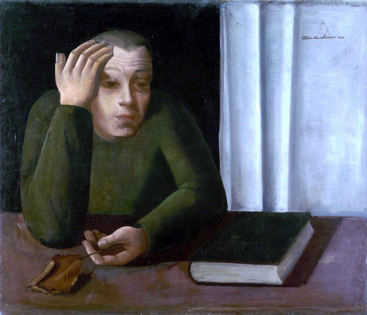 Nussbaum & his wife Felka left for Belgium (c1934) & remained there for 10 years. The Refugee, Brussels (1939), Unidentified Man (1941), Still-Life with Mask, Glove & Football (1940) & Prisoner (1940). His refugee sits with nowhere to turn as a globe stands by, indifferent.