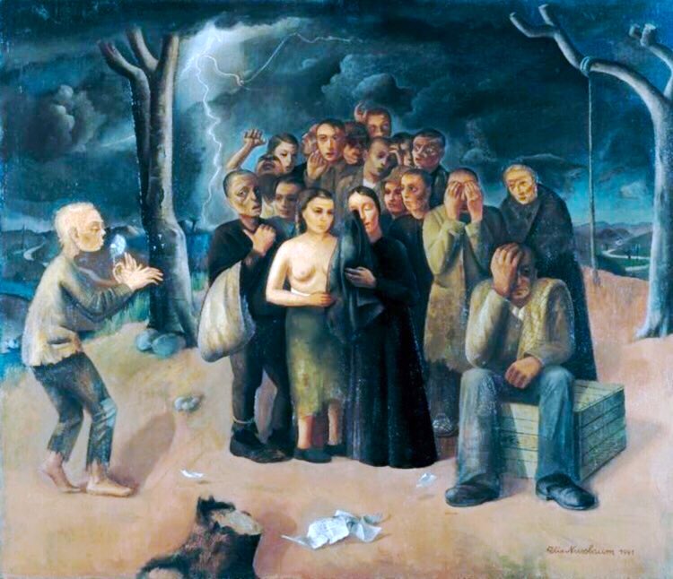 His painting, The Storm, symbolises the horrific events engulfing the Jewish people. Only Nussbaum, experiencing that darkness, could paint it. Young Couple (1941) & The Storm (The Exiles) 1941.