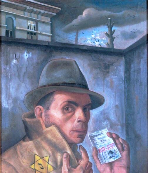 Nazis invaded Belgium in 1940. He was arrested as a ‘hostile alien’ & was taken to the Saint-Cyprien Camp, France & signed a request to be transferred to Germany. Self-Portrait in Camp (1943), Self-Portrait with Jewish Passport (1943), Prisoners (1943) & The Organ Grinder (1943)