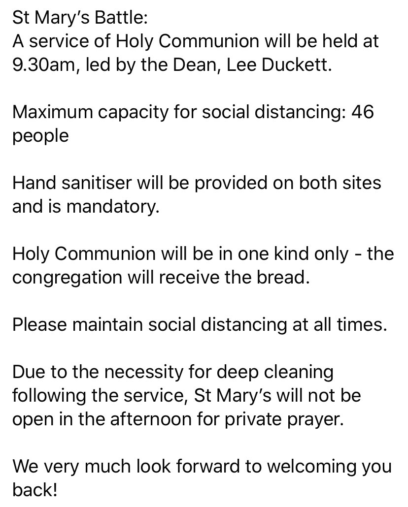 stmarysbattle's tweet photo. SUNDAY SERVICES 5 July 2020
@ChichesterDio @churchofengland #stmarysbattle #churchopening #battle #goodnews #opendoors https://t.co/KZlflvbADG