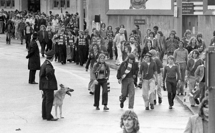 Man United fans on their travels to Cardiff City, August 1974.