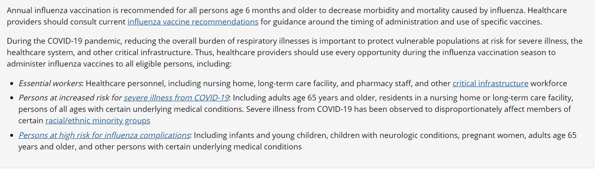 2/8 The CDC has guidance that we should prioritize influenza vaccination for essential workers and people who are at risk from complications of influenza or COVID.  https://www.cdc.gov/vaccines/pandemic-guidance/index.html