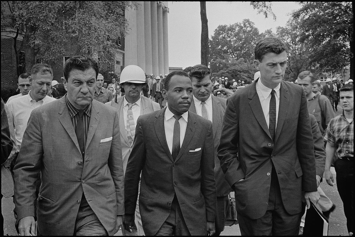 James Meredith (center) enrolled in the University of Mississippi (Ole Miss), and DEMOCRATS tried to stop him.Meredith was protected by Deputy US Marshals for his entire time at the university.