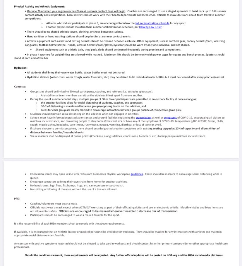 BretBeherns's tweet photo. JUST IN: The @IHSA_IL Stage 2 protocols have been approved by the IDPH. It will now be called the Phase 4 Return to Play Guidelines and allows groups of 50 or less to practice and play games https://t.co/uZt3pvZHZP