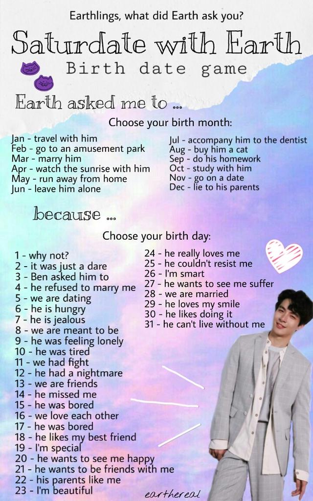earthereal_'s tweet photo. Let's play a birth date game for #SaturdatewithEarth !!
Tell me #Earthlings what did Earth asked you?
Comment with your sentences na ❤ https://t.co/4gYzsLvP2D