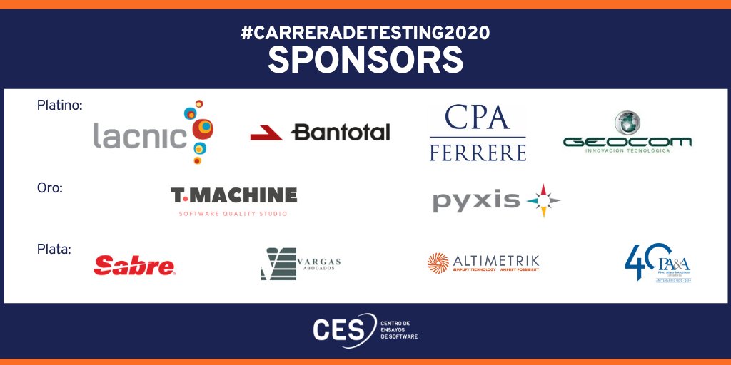 ces_com_uy's tweet photo. Agradecemos a los sponsors de la versión 2020 de la #Carreradetesting

@lacnic @Bantotal @cpa_ferrere @GEOCOMUruguay @tmachineuy @Pyxisportal @AltimetrikUy #Sabre #VargasAbogados #PérezAlfaroyAsociados https://t.co/5HbrKTDqJ3