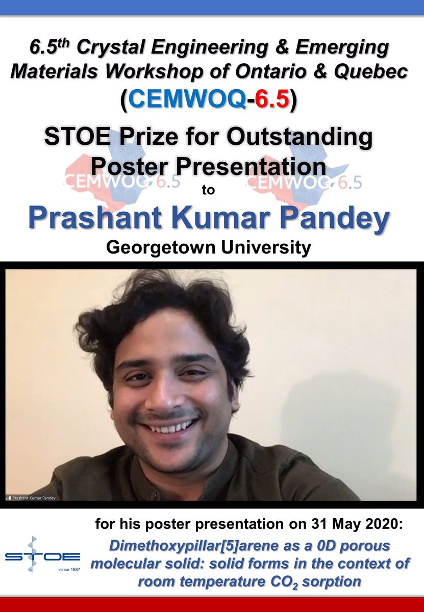 Congratulations to Prashant Kumar Pandey from @GUChemistry @Georgetown for winning a @STOE_News poster presentation prize for his outstanding presentation at #cemwoq6p5 !