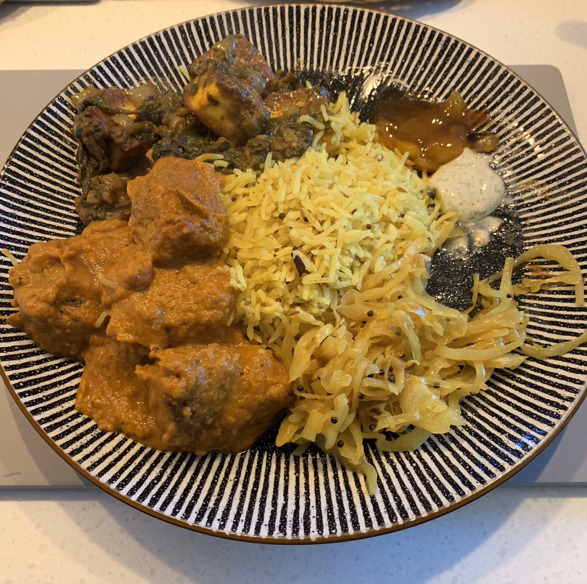 AnnieLomas's tweet photo. @Mowglistfood @NishaKatona Mother butter chicken, paneer with spinach and fenugreek, Calcutta tangled greens and @HairyBikers pilau rice. You’ve been our lockdown saviours. Thank you 🙏 https://t.co/GP7UH9Av1B