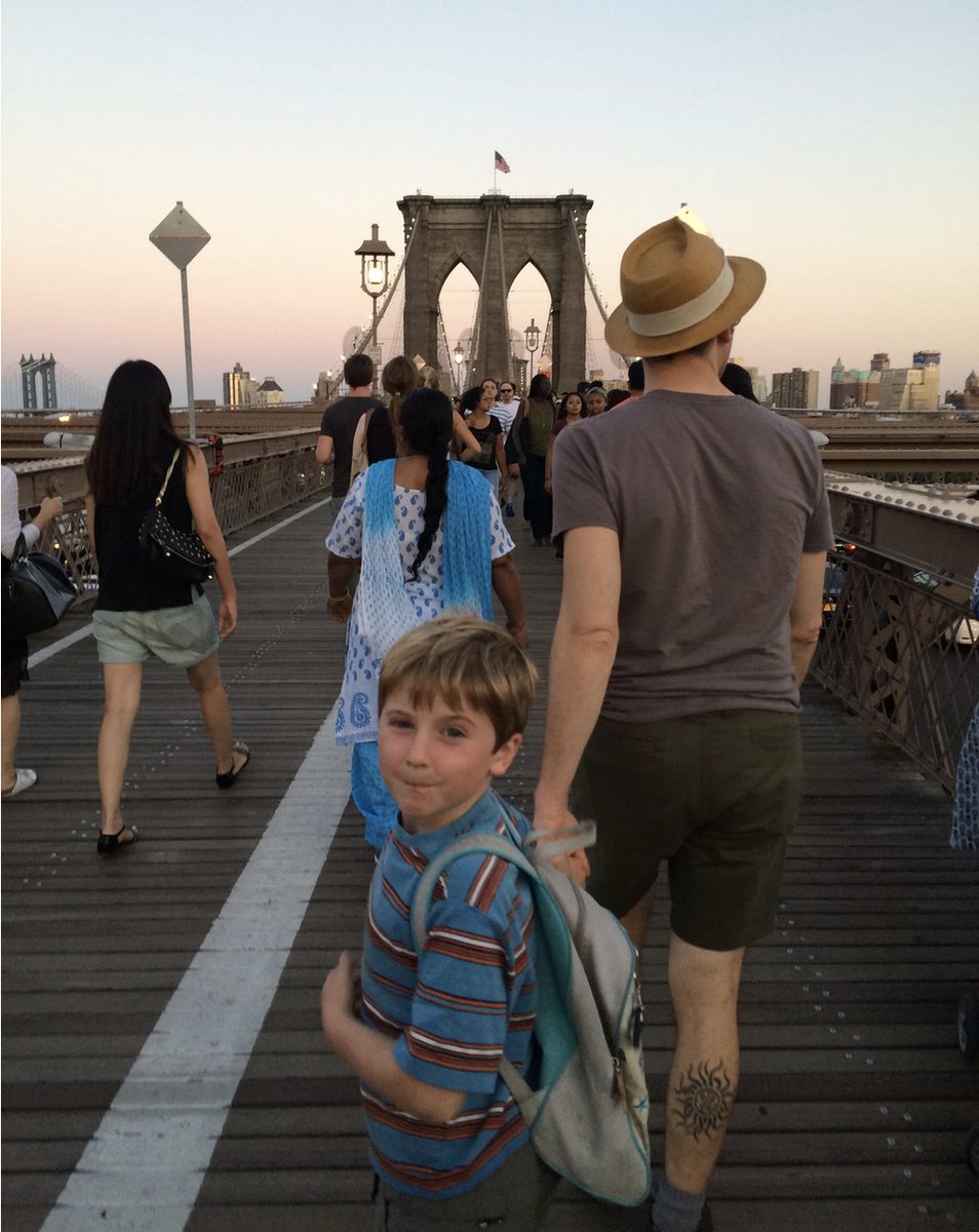 1/ Ok, here's my  #HamiltonFilm   story. Aug, 2015. We're visiting NYC. I hear about Hamilton, still at public. But in the end worry it's not going to excite an 8 yo. Here's photo from that trip I love.
