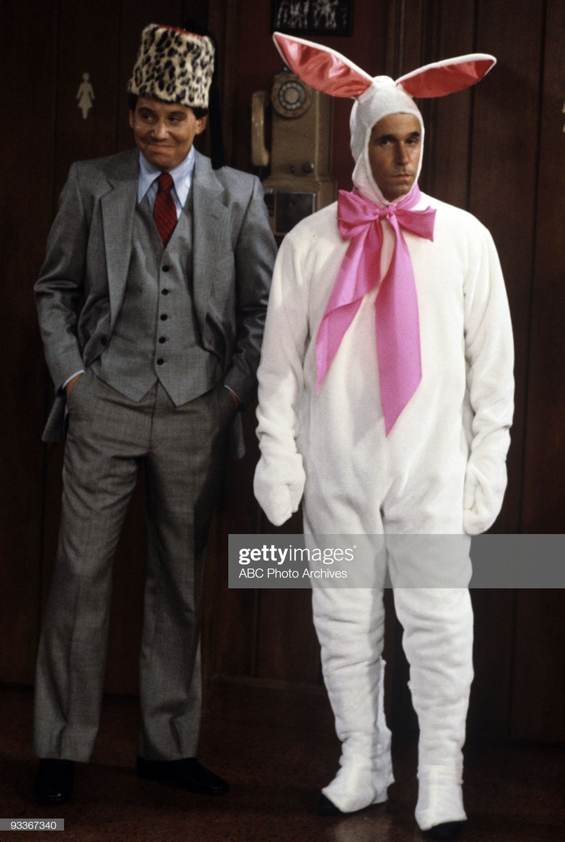  Follow the white rabbit. Fonzi wore a rabbit suit as an initiation into the Leopard Lodge (secret club) on finale of Happy Days.