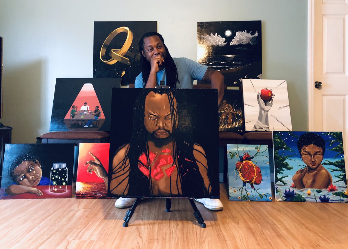 AlexterAlbury's tweet photo. Tried to take some pictures with my paintings but my son kept making me laugh as he took the pictures. Teenagers... 🙄😆. I don’t like taking pics and he knows it. #ArtistOnTwitter #Painting https://t.co/XgMraTwUfu