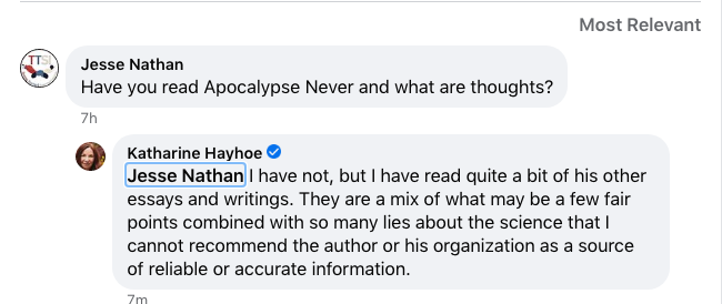 TomANelson's tweet photo. Uh oh: Climate scammer @KHayhoe smears @ShellenbergerMD's work:  "so many lies about the science that I cannot recommend the author or his organization as a source of reliable or accurate information." #ClimateSkeptics https://t.co/J9KItiJghS https://t.co/FU3jObBLgk