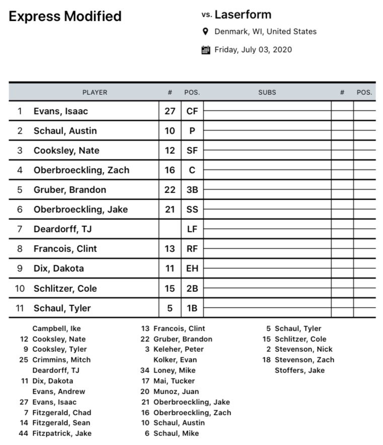 ExpressBallDBQ's tweet photo. We’re in Denmark, WI tonight at the home of the Circle Tap Dukes, a top fastpitch team in the world. First pitch tonight to start the modified tournament for Express at 9:00 against Laserform. Lineup for tonight’s game: https://t.co/Fm1MAJDFlY
