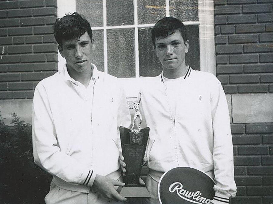 SMEastTennis's tweet photo. As Coach Bair and I finished up our Friday morning hit, one of the gentlemen who was taking our court noticed my East gear and reminisced about his days competing for East. Meet 2 time state doubles champion (1965 and 1966) Dan Oram. He’s on the right in the picture. #AddAStar https://t.co/ax6FsVGI2W
