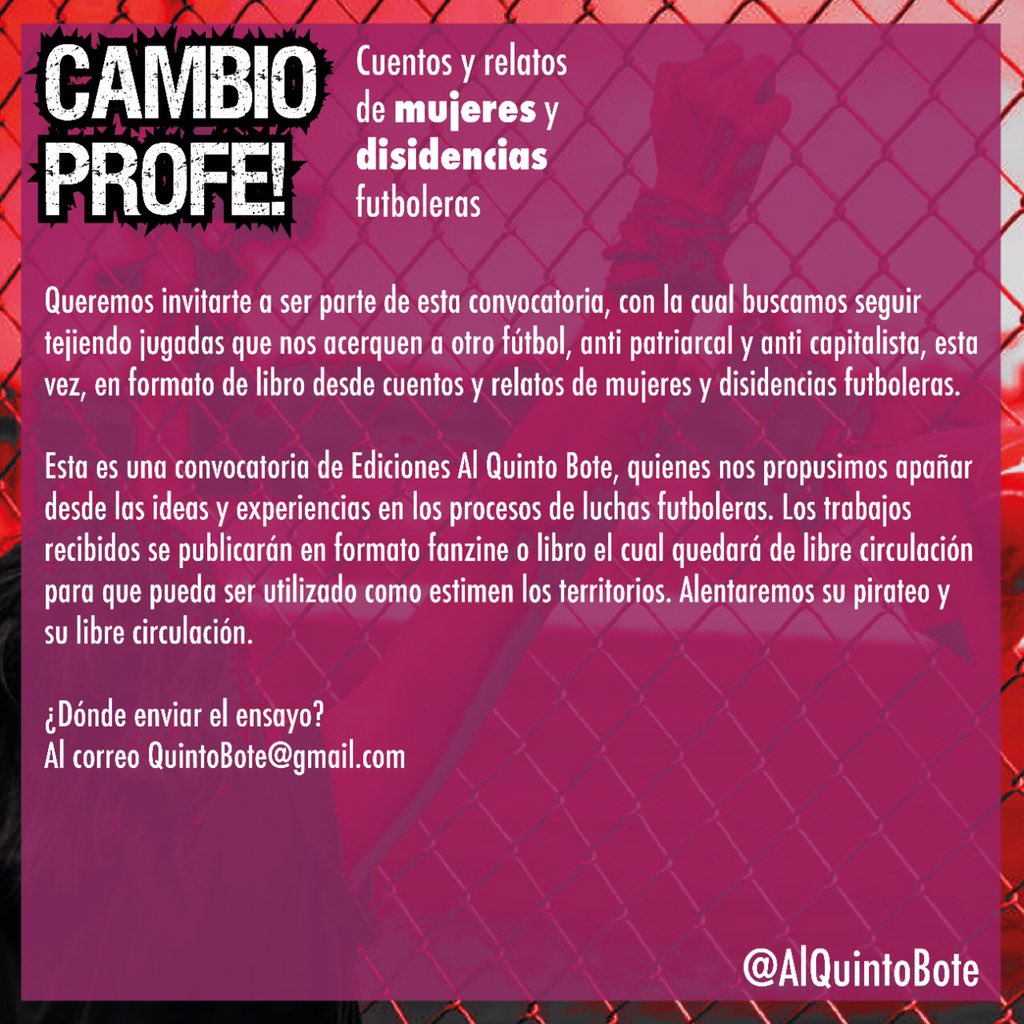 caro_pazc's tweet photo. Cambio profe! Que entramos a la cancha las mujeres y disidencias para un nuevo libro de Al Quinto Bote junto al Fútbol y Resistencias ✊🏽⚽️
#FutFem 
#LiteraturaFutbolera https://t.co/6l2jv2tAV2