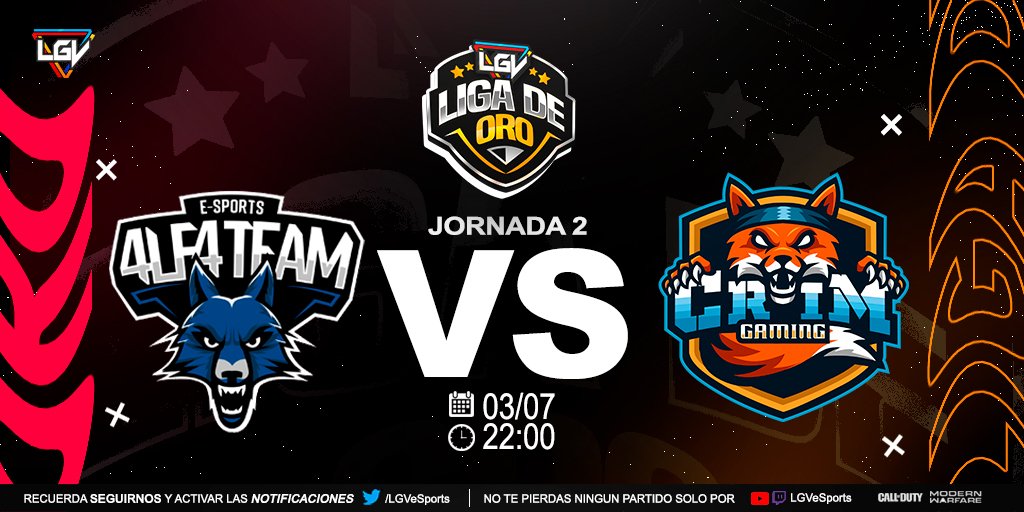 #LigaOroLGV |

En minutos segundo partido de la noche 4LF4 vs CRIM.

<a href="/CriMGamingGG/">CriM Gaming</a> 🦊

@RaktenRey
<a href="/xRevayyy/">Revay</a>
<a href="/EliasRadiiz_AX7/">Radiz</a>
@Rydekz
@BreikoTirri

<a href="/4LF4TEAM/">4LF4 TEAM</a> 🐺

<a href="/TheLucho201/">Lucho ✞</a>
<a href="/Reivaxsz/">mike</a>
<a href="/Kravensz/">Kraven</a>
@Patoidee
<a href="/IamCristhofer/">𝐶𝑟𝑖𝑠</a>

¿Quien continuará con 2 victorias?

#PlayToLGV🎮