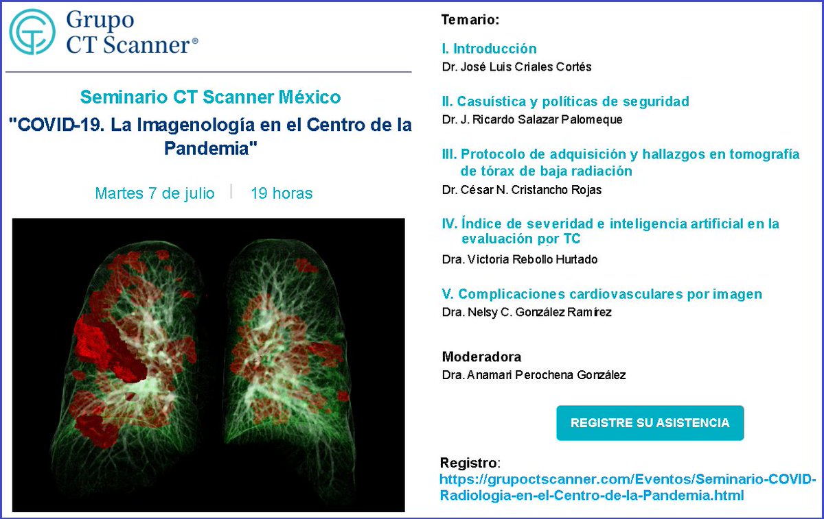 #Webinar: Grupo #CTScanner:

'#COVIDー19: La #Imagenología en el Centro de la #Pandemia'.

Registro: grupoctscanner.com/Eventos/Semina…