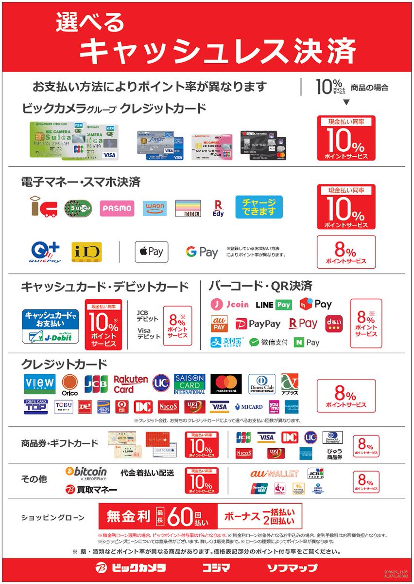 選べるキャッシュレス📢／ ビックカメラでは現金とクレジットカード以外に、交通系電子マネー・ｄ払い・auPAYなどのキャッシュレス決済も可能！支払い方法によっては、現金よりさらにお得になることも！ぜひご活用くださいませ☺️  ※お支払いの併用については、店頭 ...