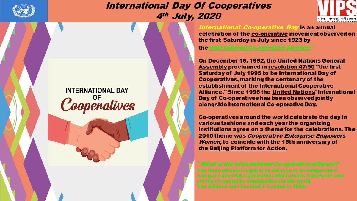 VIPS_Delhi's tweet photo. @VIPS_Delhi
4th July, 2020
*International Day Of Cooperatives *
#UNDeclaredDate
#UNDeclaredDay
#Vipsdelhi
#VipsInsight
#O4July2020
#UnitedNations
#SaturdayImportance
#WorldAwareness
#CooperativesDay
#Alliance
#StayHomeStaySafe https://t.co/BGWLnE4nyK