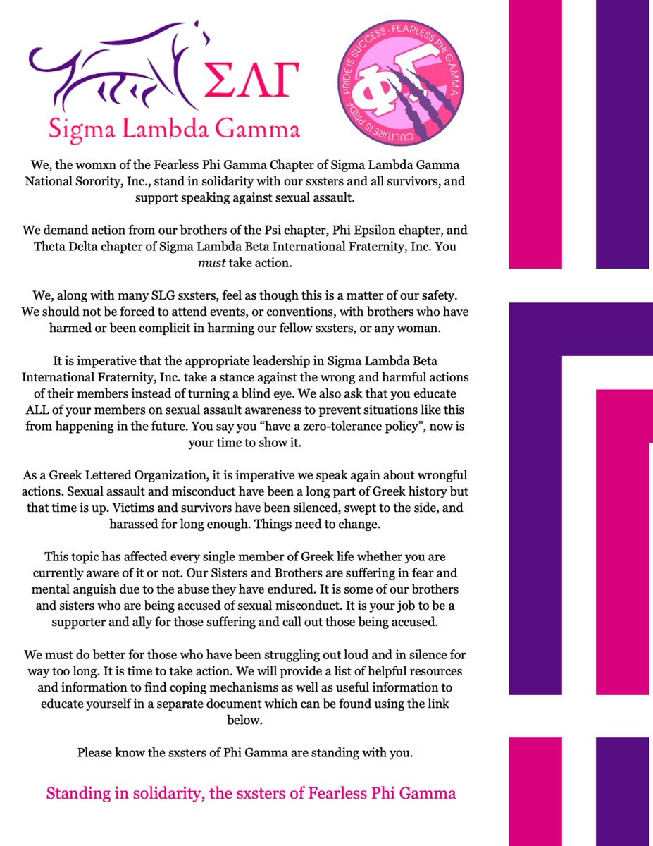 Please use this link for resources about sexual assault and how to report it, as well as information about the history of sexual misconduct in Greek life:
go.fiu.edu/resources
———
We stand in solidarity, the sxsters of Fearless Phi Gamma
