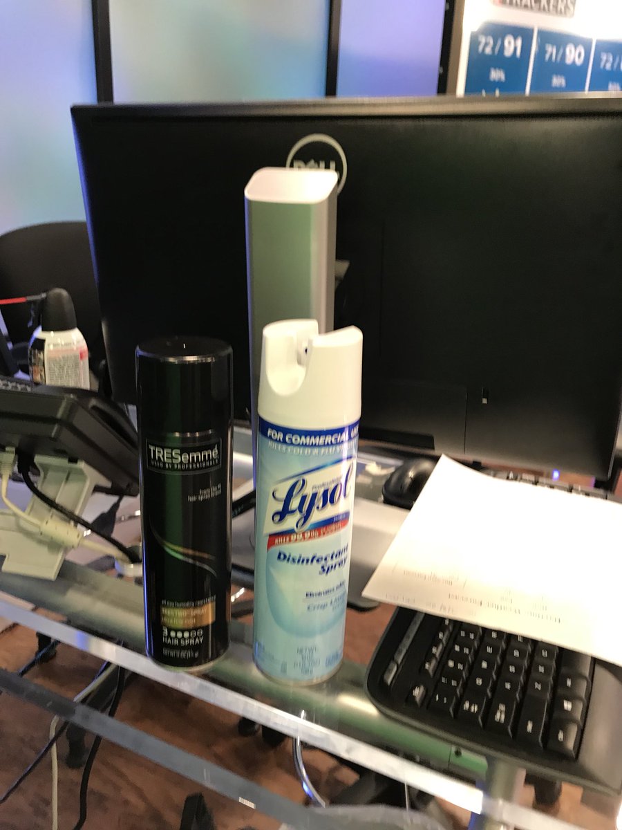 ChrisHolcomb's tweet photo. Close call. I know now that itโs not a good idea to put the hairspray can next to the Lysol can in the weather center. #weathermanproblems https://t.co/9AviGLFKXm