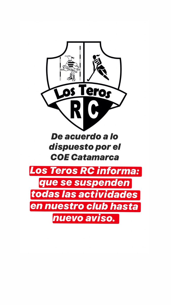 LosTerosRC's tweet photo. ⚠️Atención! 
Los Teros RC informa que se suspenden todas las actividades en nuestra institución hasta nuevo aviso. 
Instamos a todos a continuar con las estrictas medidas de prevención necesarias para la situación que enfrentamos! 
#SomosTeros #Rugby #Hockey  #LosTerosRC🏴🏳️🏴 https://t.co/8hZ4UJ3BN7
