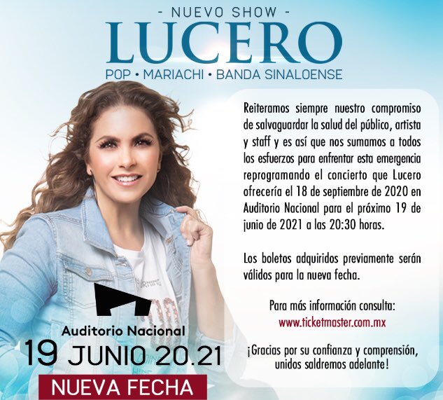 ElBreakMN's tweet photo. .@LuceroMexico reprograma concierto en el @AuditorioMx el que ofrecería el 18 de septiembre de este año, se confirma para el 19 de junio del 2021 https://t.co/kh9jpO5iTK
