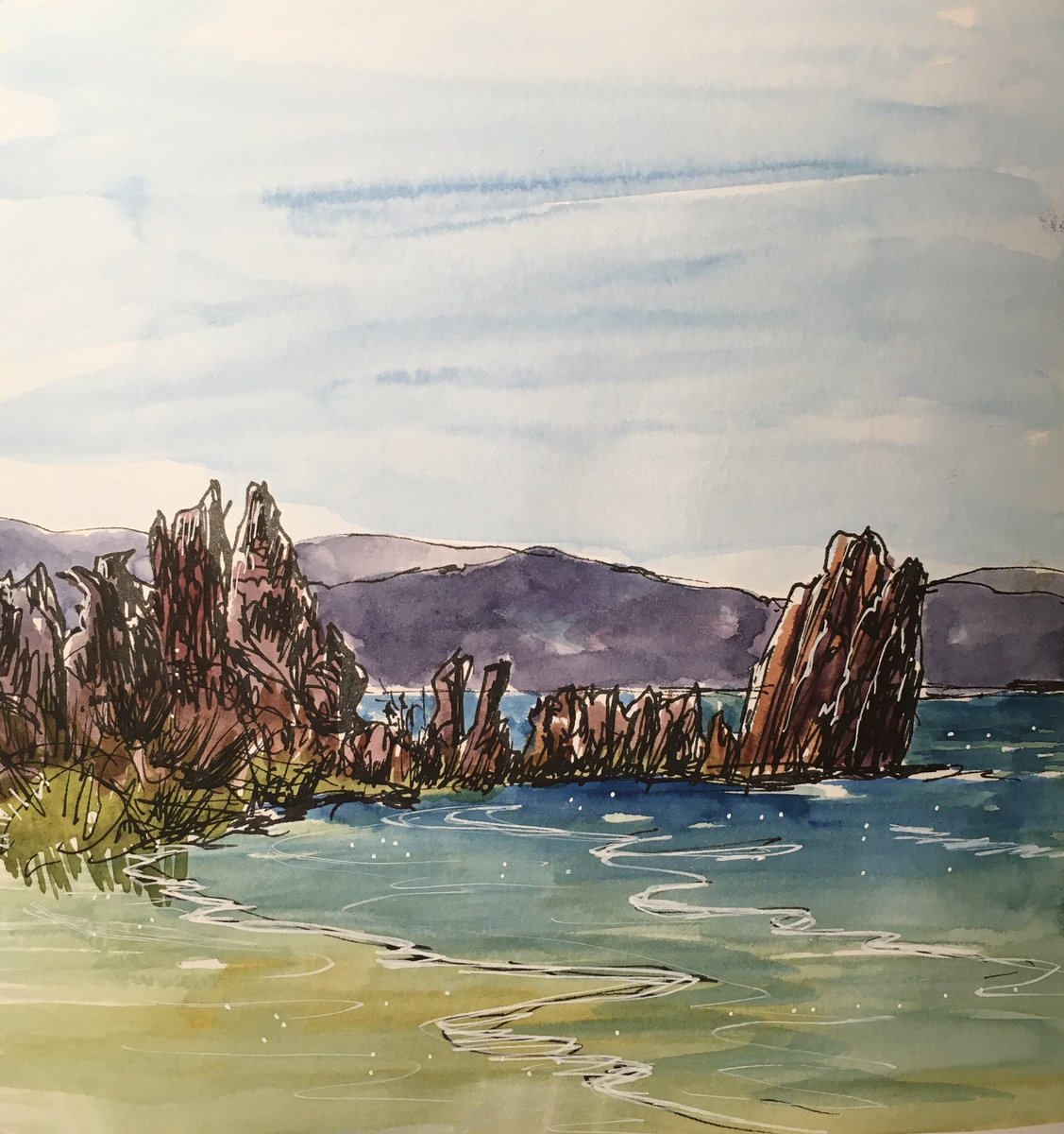 Tufa at Mono Lake - otherworldly limestone formations in a salty lake near the Eastern Sierras #urbansketchers #pleinair #outdoorsketching #inkandwatercolor #monocounty #monolake #california