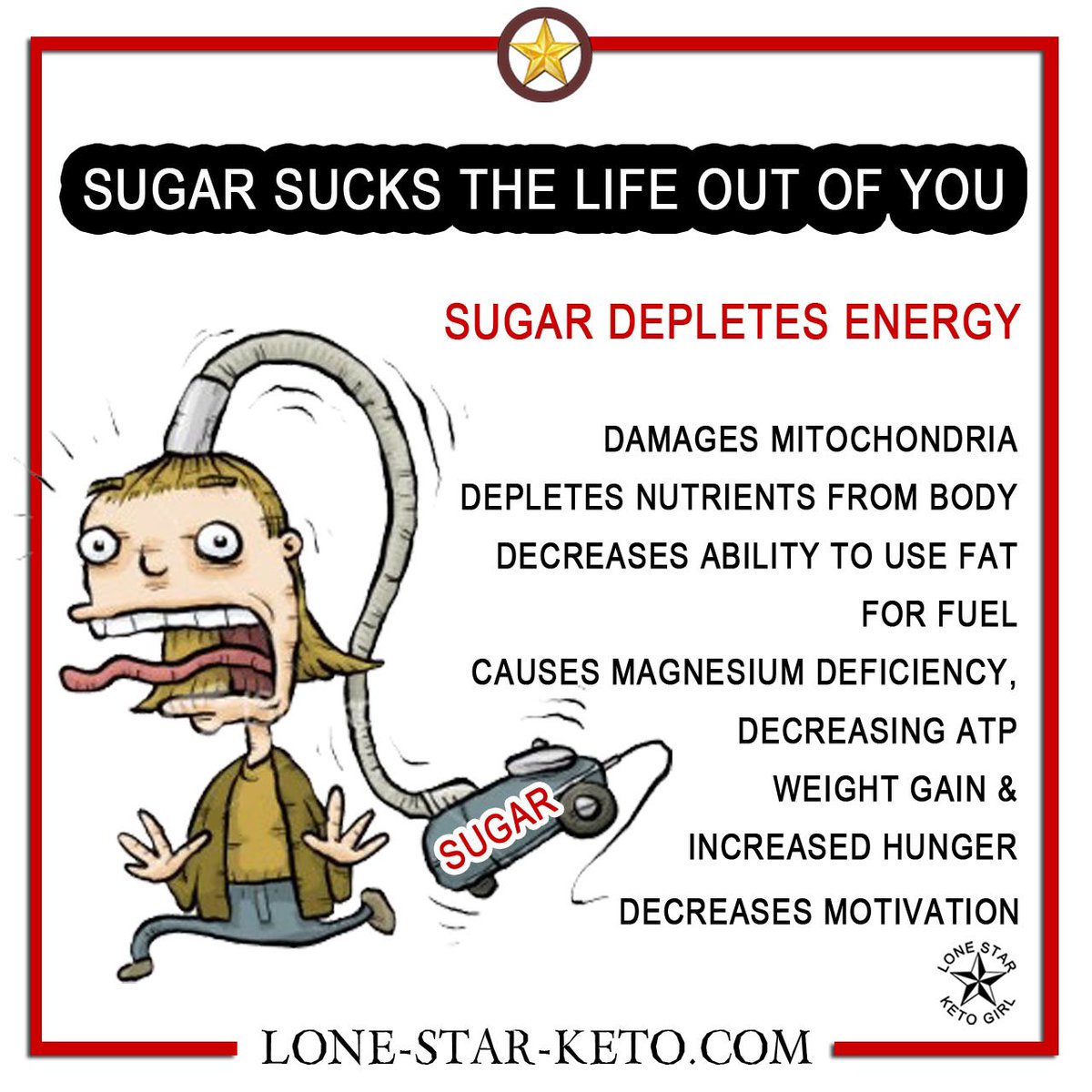 Lone_Star_Keto's tweet photo. Most of us know how sugar can jack insulin, leading to all kinds of metabolic dysfunction. But it can also sap our energy making us tired, unmotivated, &amp; gain pounds which can suck the life out of us.😲😫 Just say no to 𝕊𝕌𝔾𝔸ℝ.

Feel free to share!

Credit: @drjamesdinic https://t.co/hAy4Awt8EZ