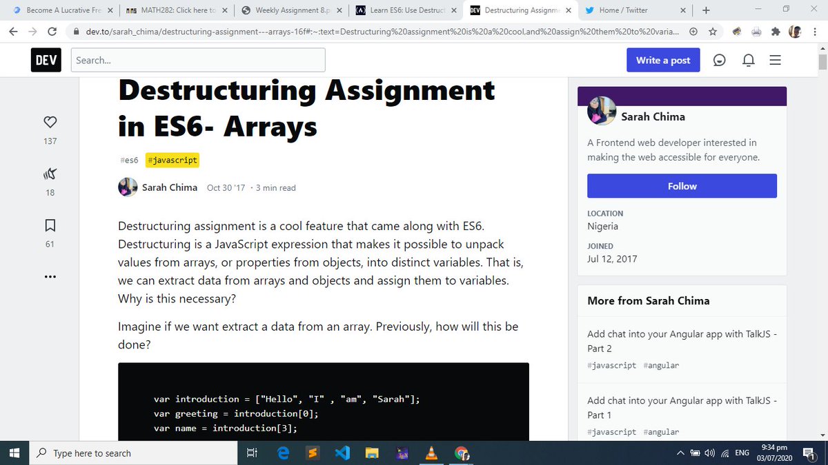 LoveWiz11's tweet image. Day 96
Destructuring in ES6, JS is actually pretty simple😅... I think I&apos;ve got the hang of it now. If you also need some help understanding it, you can look it up from the link in the pic below...
#100DaysOfCode 
#CodetrainChallenge
Happy Coding😁