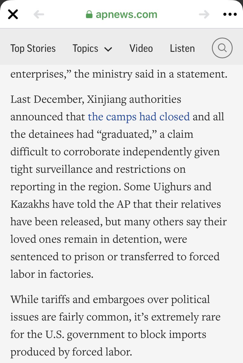 Finally  @AP reported Chinese gov statement that camps had all closed Bu claim it’s difficult to verify claims with some  #Uyghur and Kazakhs exiles say their relatives released while others say no. Still no further mention of any claims of hair harvested from Uyghur detainees