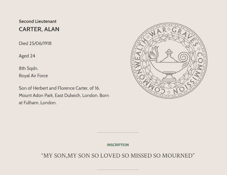 However, the war was not without losses- and on 25th June 1918, Second Lieutenant Alan Carter was shot down over France and killed. Florence and Hubert were devastated. They had his war grave inscribed with this heartbreaking line- "My son, my son, so loved so missed so mourned."