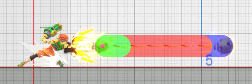 kyle_roath's tweet photo. Here's a visual aid of Min Min's Megawatt FSmash, with help from upcoming Zeckemyro hitboxes. The purple is the first frame (and it's tiny), but has the same power as the green. The green is a weak hit. The red is the strong hit. The blue is the weakest hit.

#ssbu_minmin https://t.co/XpSJVMNJf3