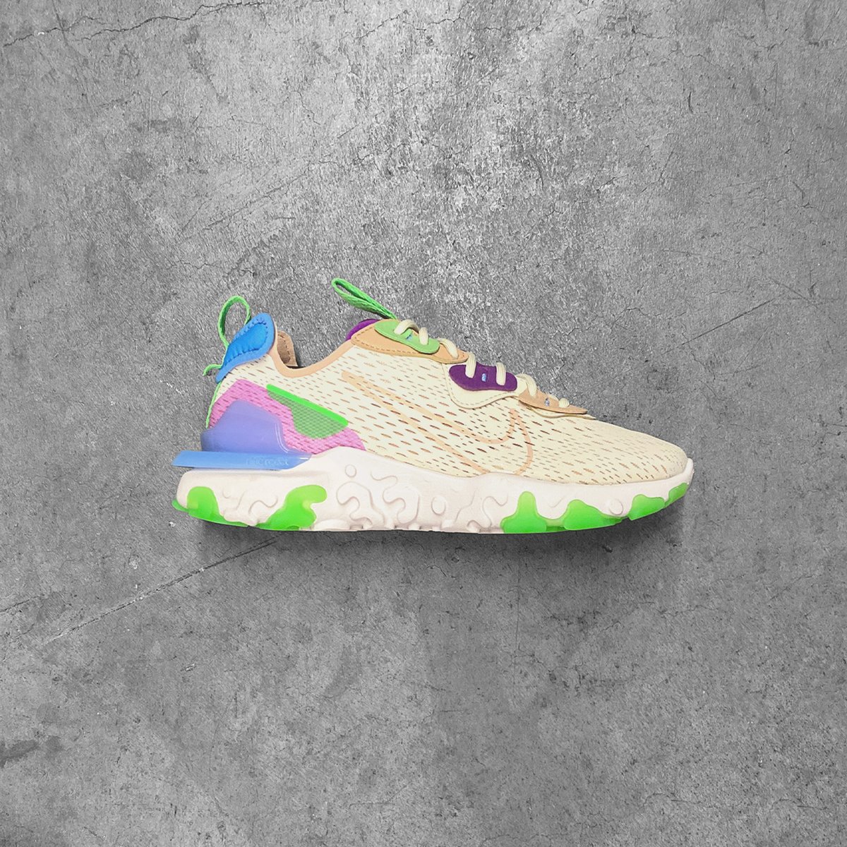 Nike React Vision women's || In Fossil/Vivid Purple/Green Strike/Vachetta Tan. Available now in-store at our Las Vegas Location. #CRSVR #Nike #NikeReact