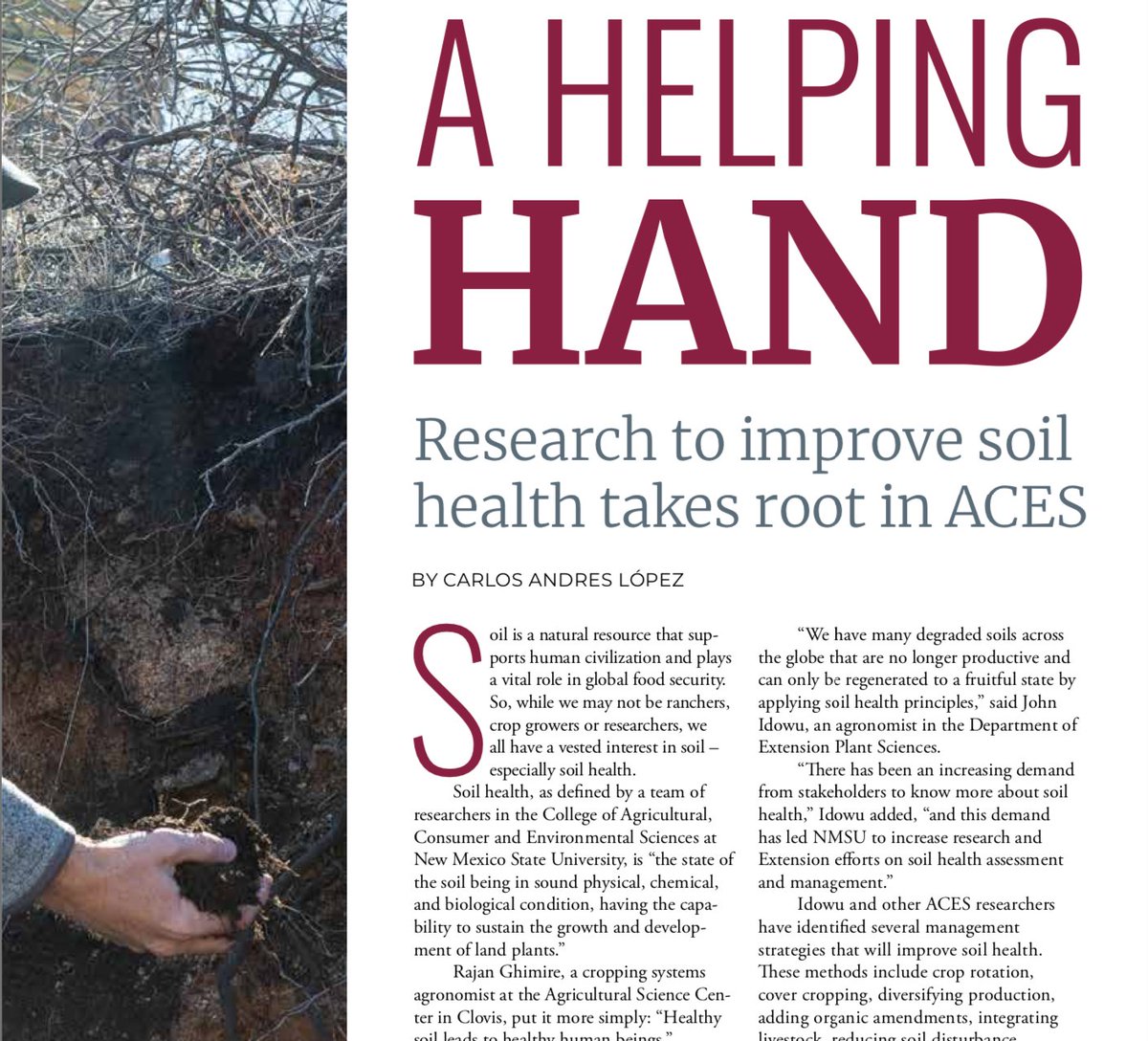 AgroEcoResil's tweet photo. Take note! The cover story of spring 2020 @nmsu_aces ACES Magazine featured not one but *two* ARID team members' hands. #handsholdingsoil #whohelditbetter https://t.co/BHYJTPn3R3