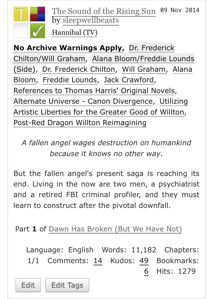 the first part of my willton post-red dragon book/tv canon mix fic series. honestly one of my fav things ive ever written. i really cannot explain why i fixated so obsessively on this rarepair but if u remember U Remember  https://archiveofourown.org/works/2592332 