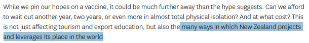 I find this particularly funny. The implication that keeping our borders closed negatively impacts the way "New Zealand projects and leverages its place in the world".Because if anything it's clearly the opposite.