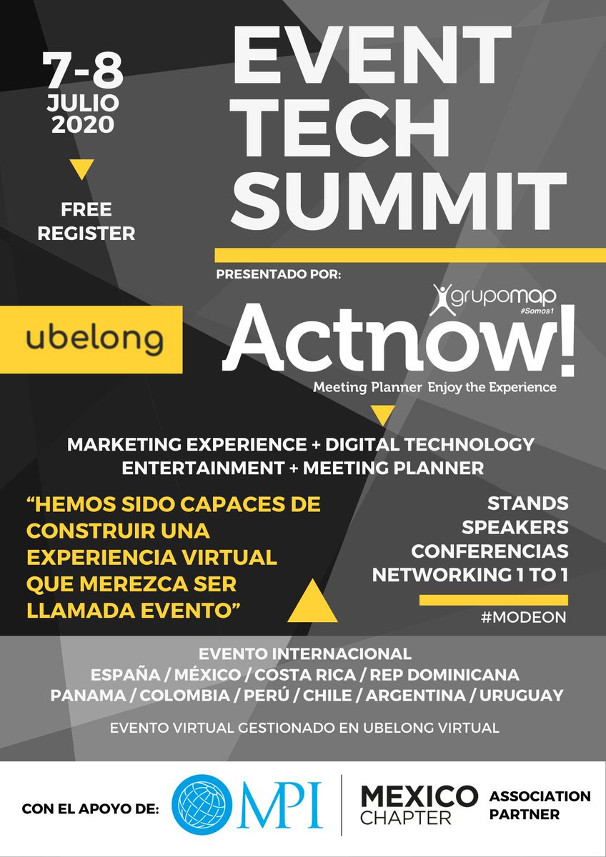 MPI_Mexico's tweet photo. Descubre #EventTechSummit, la 1ª edición de "#Tecnología para #eventos: Presenciales, Híbridos y Virtuales” mediante la alianza con @padcelona quienes son @actnow_act Partners. ¡Entrada gratuita!
REGÍSTRATE en: https://t.co/swgbS9evro
#eventprofs @MPI #meetingprofs https://t.co/of1bNFamLv