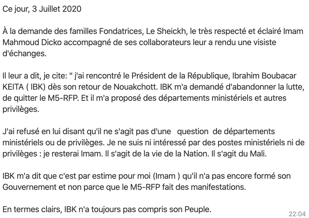 matteomaillard's tweet photo. L'imam Mahmoud Dicko annonce avoir rencontré le président Ibrahim Boubacar Keïta qui lui aurait proposé des "départements ministériels et des privilèges" contre l'abandon de la lutte et du Mouvement du 5 juin. #Mali https://t.co/XPUG95IkE0