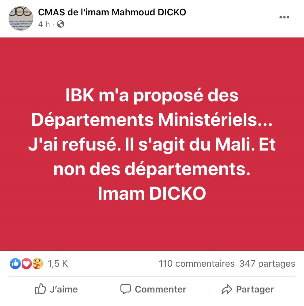 matteomaillard's tweet photo. L'imam Mahmoud Dicko annonce avoir rencontré le président Ibrahim Boubacar Keïta qui lui aurait proposé des "départements ministériels et des privilèges" contre l'abandon de la lutte et du Mouvement du 5 juin. #Mali https://t.co/XPUG95IkE0