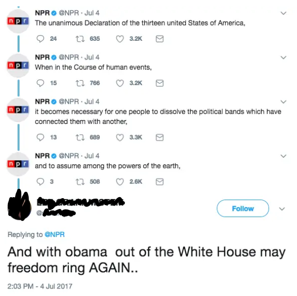 Werwolfram's tweet photo. I am legitimately looking forward to NPR's yearly 4th of July tradition of tweeting out the Declaration of Independence because there's a good chance people are going to lose their crap over it like they did in 2017. https://t.co/OwDWIX8MDQ
