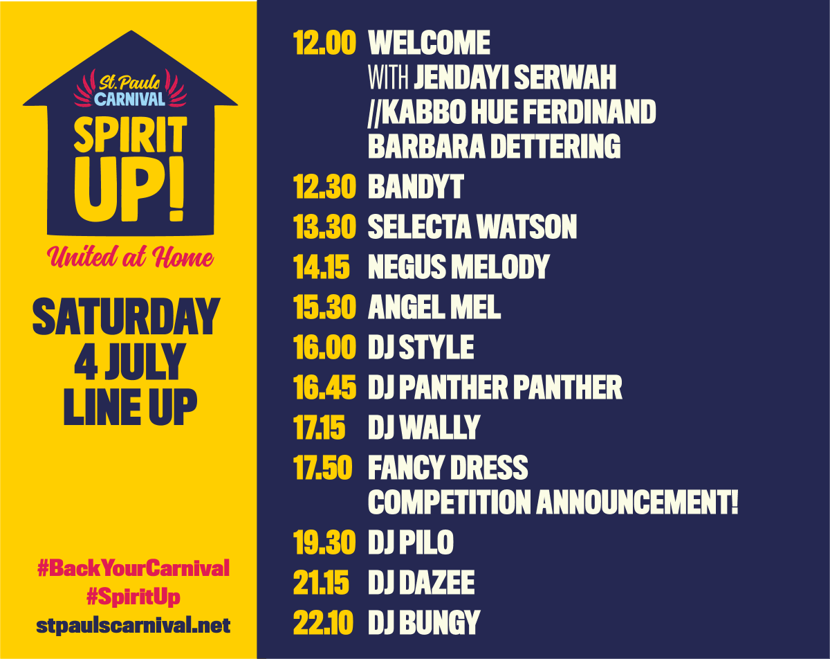 It's <a href="/StPaulsCRNVL/">St Pauls Carnival</a> (a special Digital version) today! Tune in from 12:00 for great Carnival vibes - line-up below. Check their Twitter or the Facebook event (facebook.com/events/7459047…) for updates 💛💚
