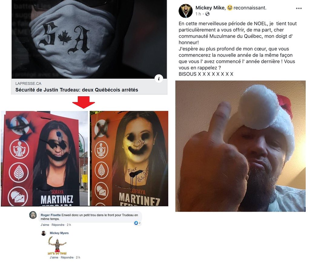 INFORMATION ON RACIST #1 : He has been part of the far-right group La Meute and also Storm Alliance. Now he is part of a group called Gardiens du Québec.He has a white pride tattoo.He is seen in a photo here raising the Nazi salute overtop a skeleton of Justin Trudeau
