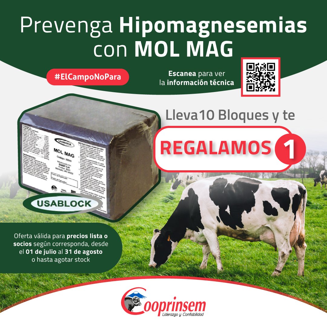COOPRINSEM's tweet photo. ¡#NoTeLoPierdas! Gran #oferta @COOPRINSEM 
Prevenga la #Hipomagnesemias con #MOL #MAG
👉 LLEVA 10 #BLOQUES y TE REGALAMOS 1.👈

✅Desde el 31 de #julio al 31 de #agosto o hasta agotar stock.

#Usablock #vacas #Chile #agroindustria #predio #productor #agricultura #agro #surdechile https://t.co/G8Qz1TP1fr